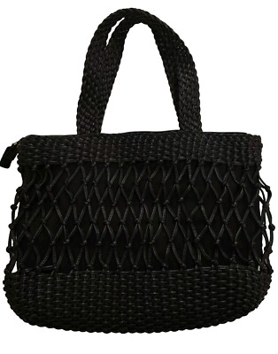 Vintage Talbots Woven Black Leather Women's Large Tote Sholder Handbag Purse