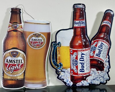 1990s Bud Dry & Amstel Light Beer Bottle Metal Tin Tacker Bar Pub Signs 25''