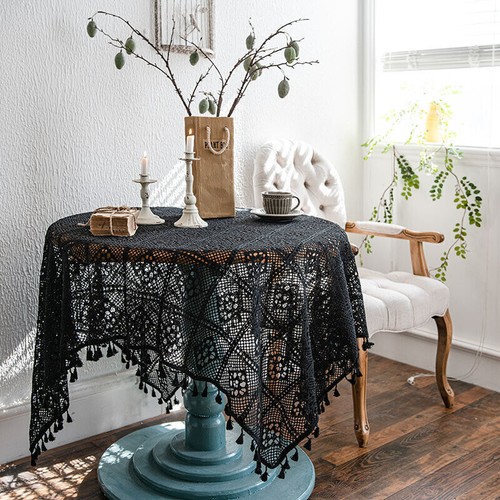 Mantel de ganchillo a mano negro vintage rectangular cuadrado encaje cubierta de mesa tapete - Imagen 21 de 29