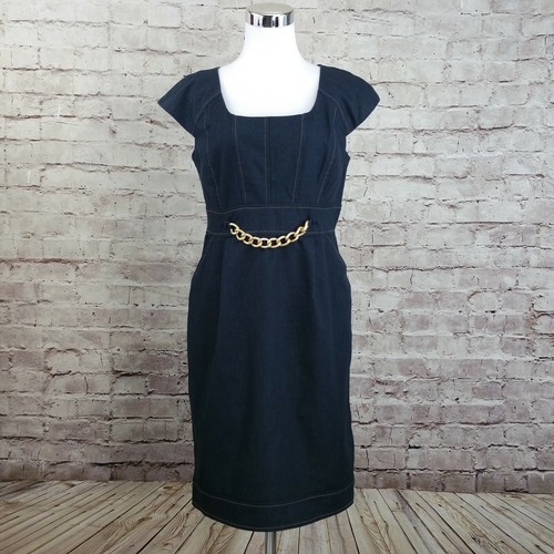 Sandra Darren 8 Sheath Midi Dress Blue Denim Cap Sleeve Stretch Chain Pockets - Picture 11 of 12