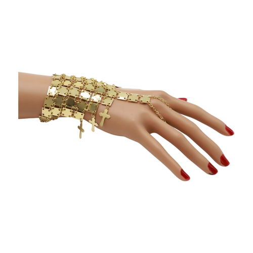 Women Gold Metal Hand Chain Bracelet Religious Fashion Jewelry Cross Charm Ring - Picture 11 of 14