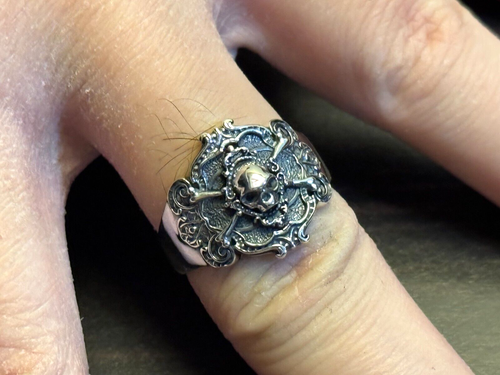 Solid 925 Sterling Silver Mens Vintage Crossbones Skull Ring Size Adjustable - Picture 10 of 11