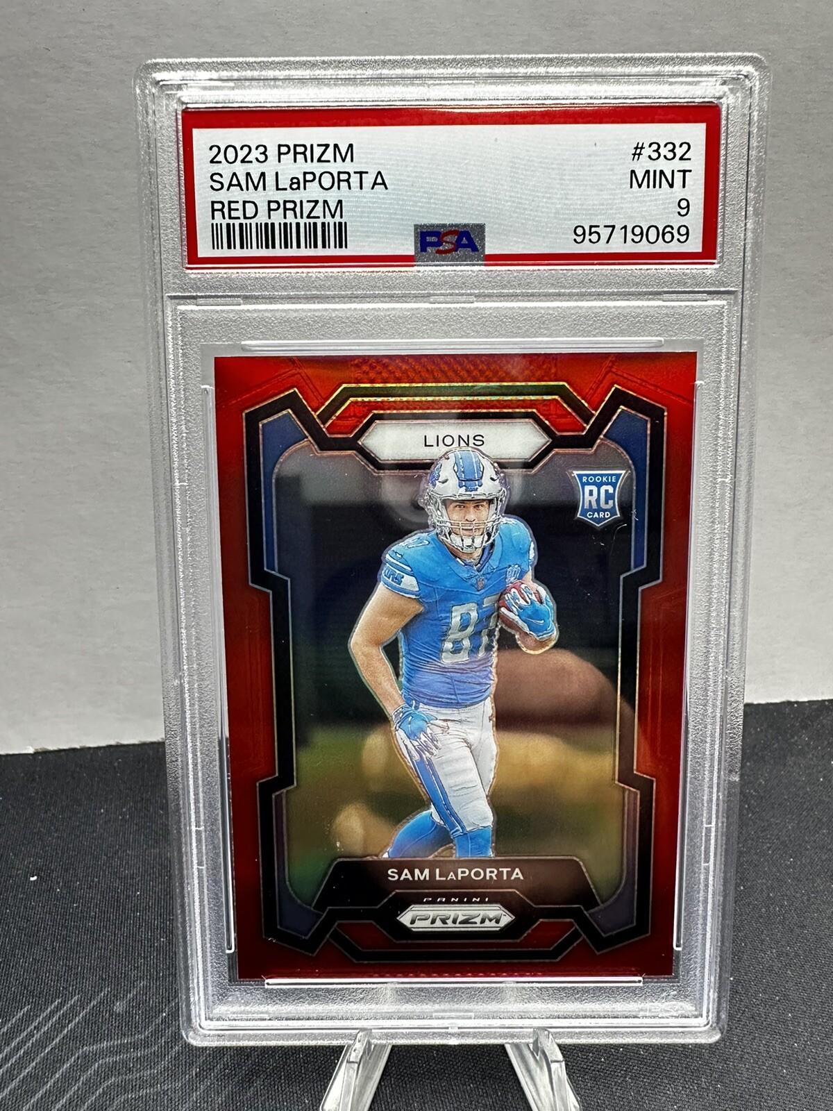 💥2023 Panini Prizm Sam LaPorta Red SSP Rookie RC #332 Case Hit PSA 9 Lions