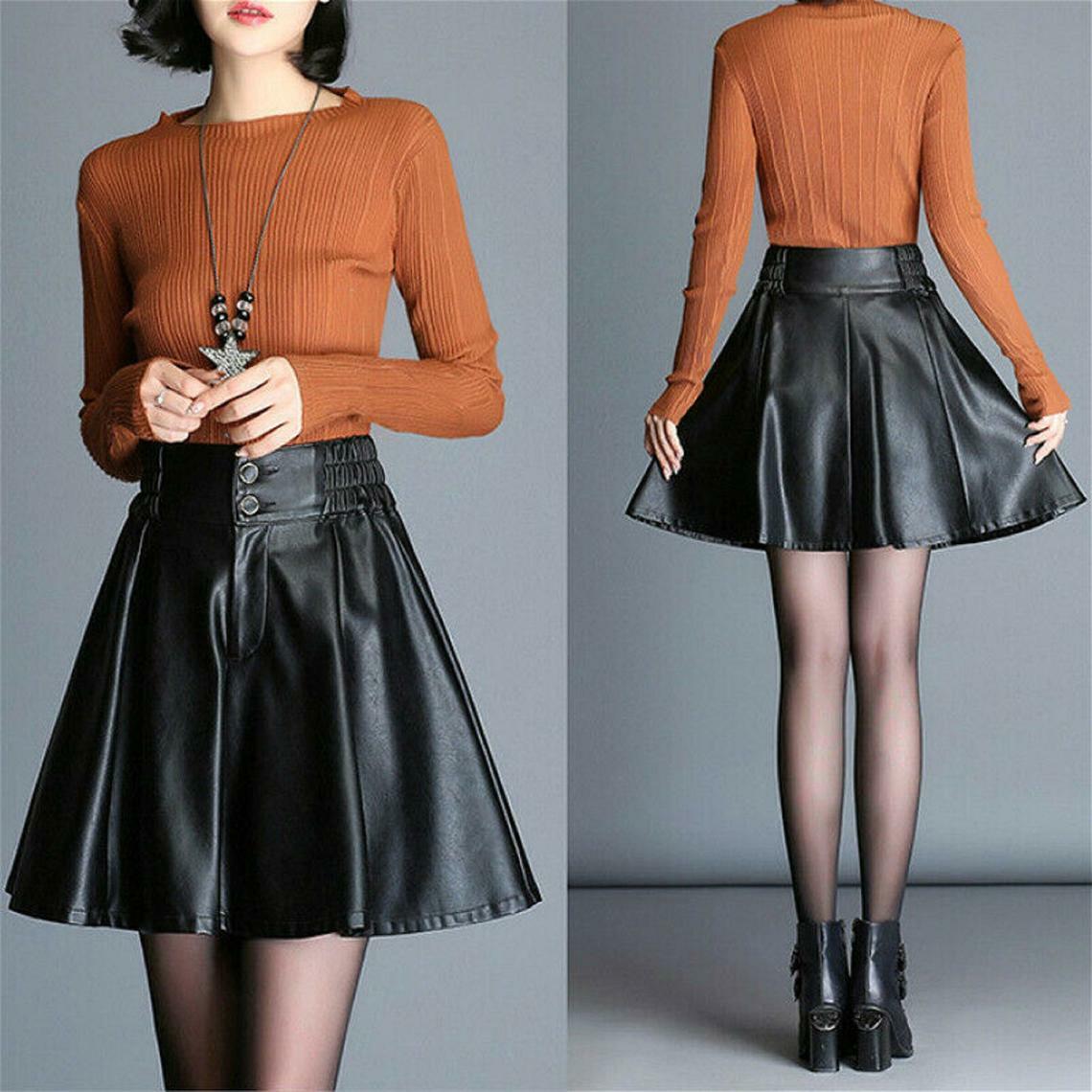Women's Black Leather Skirt Premium Soft Sheepskin Flare Party