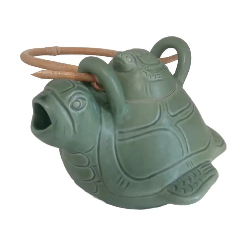 Teapot Vtg Novica Ceramic Mother Turtle Celadon Green Stoneware Handmade Ratan