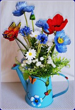 Feldstrauß Kunstblumen Mohn Korn Kamille Wiesenblumen mit Deko-Gießkanne