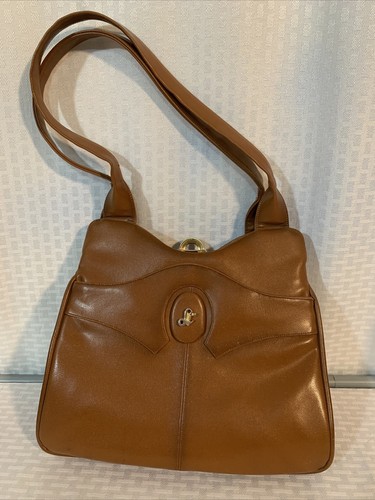 Vintage Lou Taylor Shoulder Purse Brown Swivel Mirror & 6 Pockets Kiss Clasp