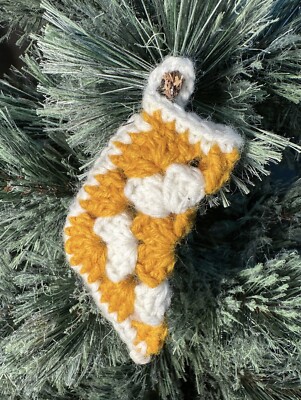 Vintage Crocheted Ornament Knitted Stocking Boot Yellow White Granny Square