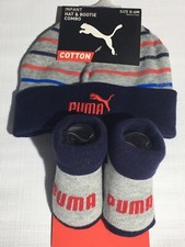 Combo de sombrero y botín Puma bebé bebé talla 0-6 M+ algodón suave gris azul marino logotipo