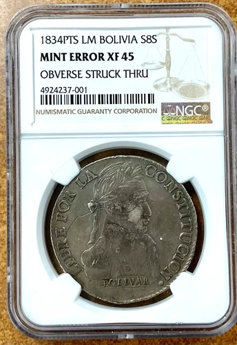 1834 pts LM Bolivia 8S NGC XF 45 MINT ERROR struck thru wire Could be unique