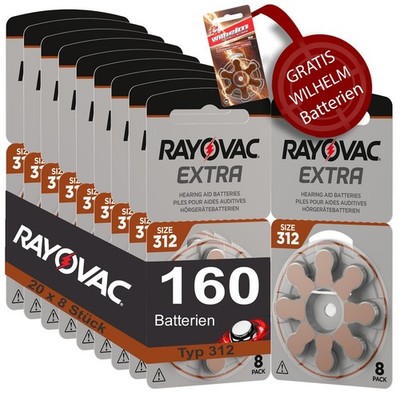 160 Hörgerätebatterien Rayovac Extra Typ 312  20x8 Stück + 6 Gratisbatterien