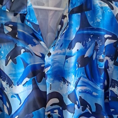 Men's Blue Orca Whale Graphic Print Short Sleeve Button-Up Shirt Size L