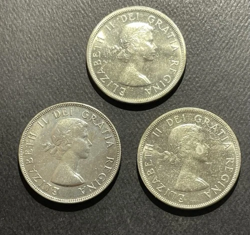 Canada 1953/58/59 Dollar Silver Coins:  Lot of 3-BSTK0124