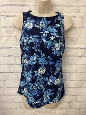 Lands’ End Women’s Size 6 High Neck UPF Modest Tankini Swimsuit Top Blue Floral
