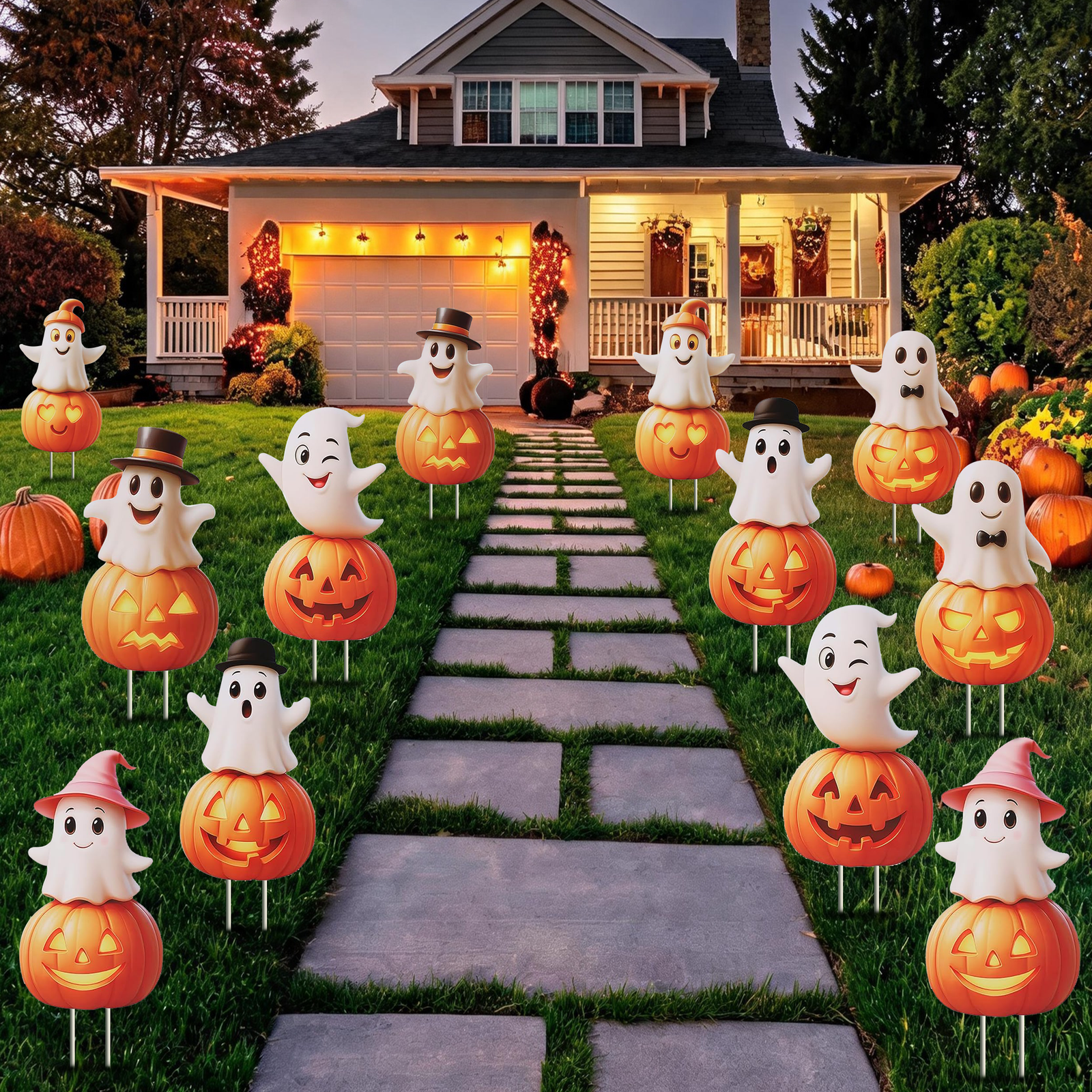12PCS Halloween Yard Signs–Cute Pumpkin Ghost Stake Decorations,14.9