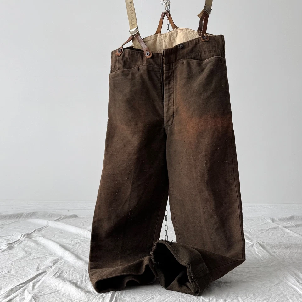 Vintage 1970s England Work Moleskin Sun Faded Brown  Suspender Trousers - Image 4 of 4