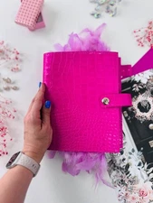 HotPink Leather notebook cover A5 big binder 6 rings. Leather planner binder A5.