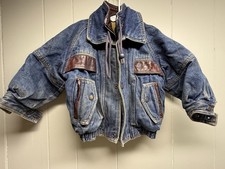 Vintage Blue Denim Jacket Leather Trim 80s Tough Gear 4 Years Unisex Quilted