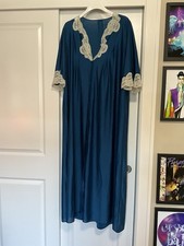 Vintage Teal Shadowline Long Nylon Robe Lace trim Large Pockets
