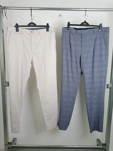 M&S Mens 2pcs Dress Pants Bundle Size 38" Long Gingham Print Grey Beige New F2