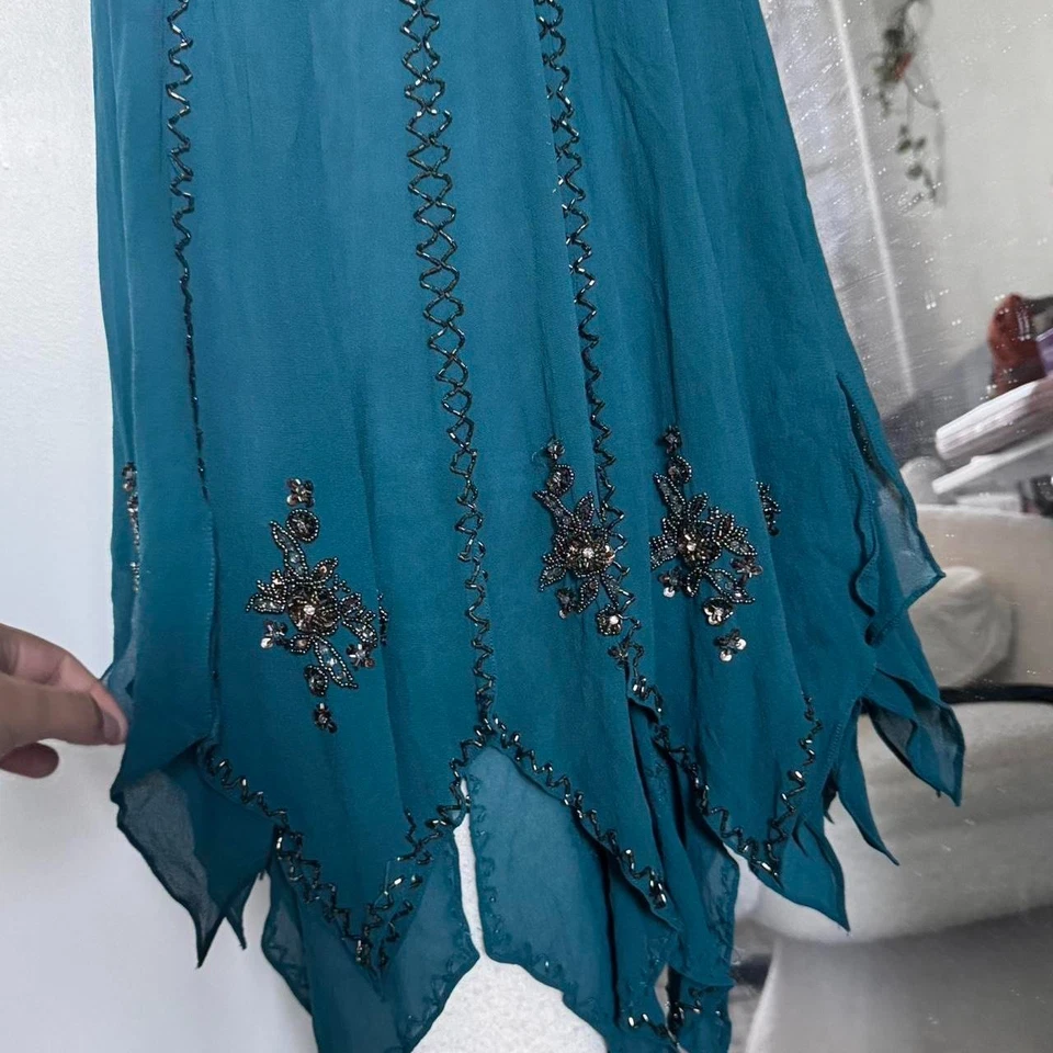 Платье Sue Wong Nocturne Runway Beaded Silk Fairy P/10 бирюзовое | подол носового платка  - Изображение 4 из 4