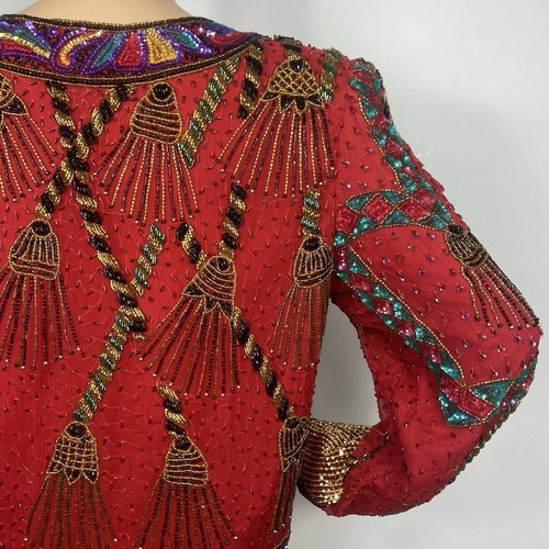 Vintage Laurence Kazar Heavy Beaded Silk Jacket Sz L Formal Tassel Blazer - Picture 10 of 12