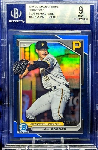 PAUL SKENES 2024 Bowman Chrome TRUE BLUE REFRACTOR /150 - BGS 9 Pirates - Picture 3 of 4