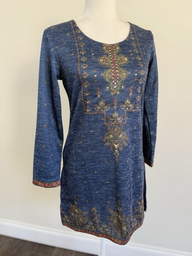 Biba, Vintage Biba Women’s 3/4 Sleeve Blue Sequins Slit Tunic Top Bohemian Sz XS