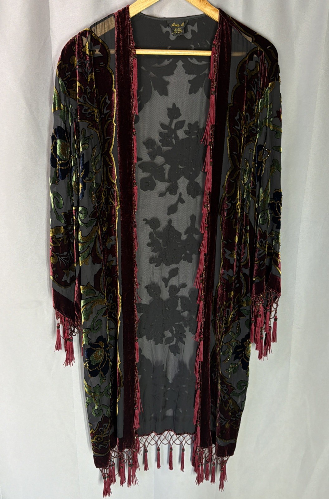 Y2K Aris.A Silk Viscose Burnout Velvet Fringe Kimono Jacket Black OS Boho Floral