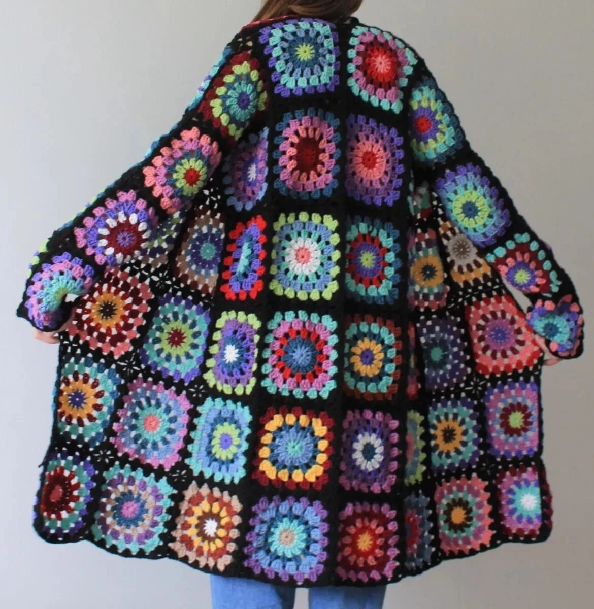 Arguni Granny Square Cardigan,Afghan Crochet Sweater, Short Granny Square Coat