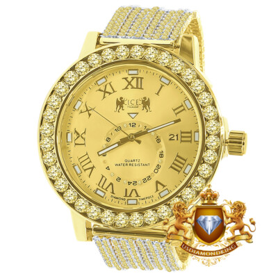 Canary Gold Solitaire Real Diamond Dial Roman Custom Band Bezel Watch XL 55mm