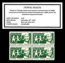 1959 - DENTAL HEALTH - Mint, Never Hinged, Block of Four Vintage Postage Stamps