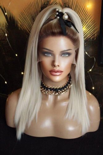 Perücke Lace wig netz braun blond bob glatt halblang helllbond weißblond ombre - Bild 5 von 12