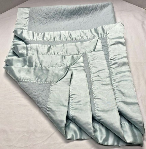 Vtg Light Blue Thermal Baby Blanket Satin Edging Large 41X57 - Picture 3 of 9