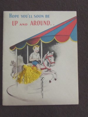 BOY ON HORSE WITH STRING TAIL ON MERRY GO ROUND Vtg 1940's GET WELL CARD, UNUSED