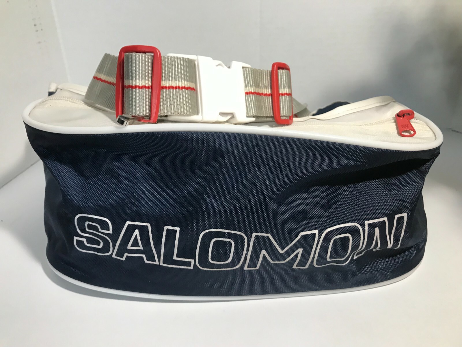 Vintage Salomon anni '80 sci snowboard grande logo dettagliato confezione fannylon marino