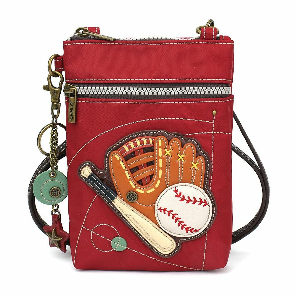 NEW CHALA BURGUNDY BASEBALL SPORT RFID VENTURE CELLPHONE CROSSBODY PURSE STRAP