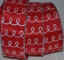 Wired Ribbon Christmas Swirl Red White Silver Sparkle 1.5" Holiday Wreath Bow