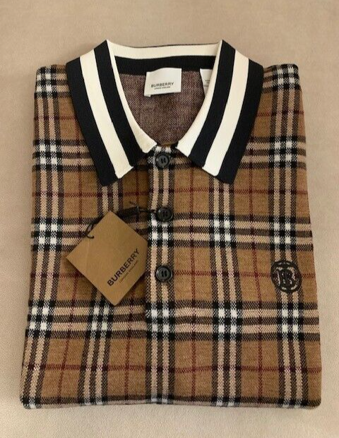Burberry Men Makeham TB Check Jacquard Wool Polo Shirt Birch