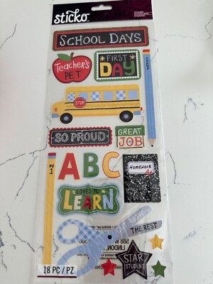 Sticko Autocollant Dimensional School Lg Icons & Words Bus ABC 18PC Scrapbooking