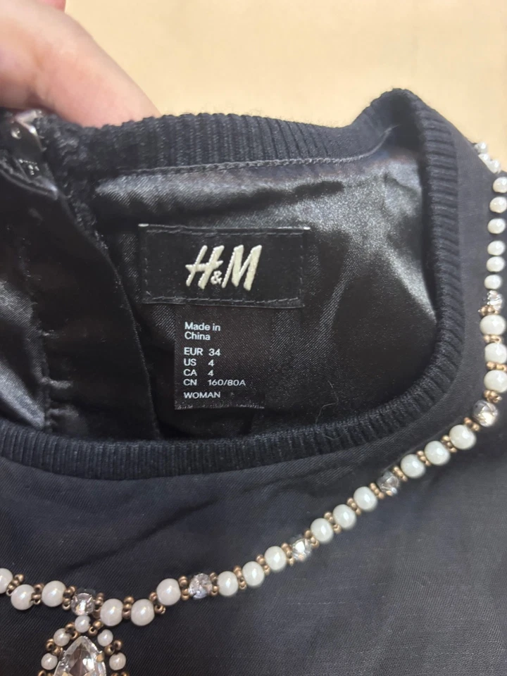 Blusa H&M Negra Peplum Top Estrás Cremallera Volantes Encaje Lino Algodón Talla 4 Foto 3 de 4