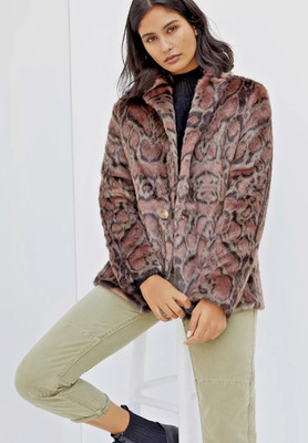 NEW Anthropologie Unreal Fur Leopard Faux Fur Statement Coat Vegan Rose Small