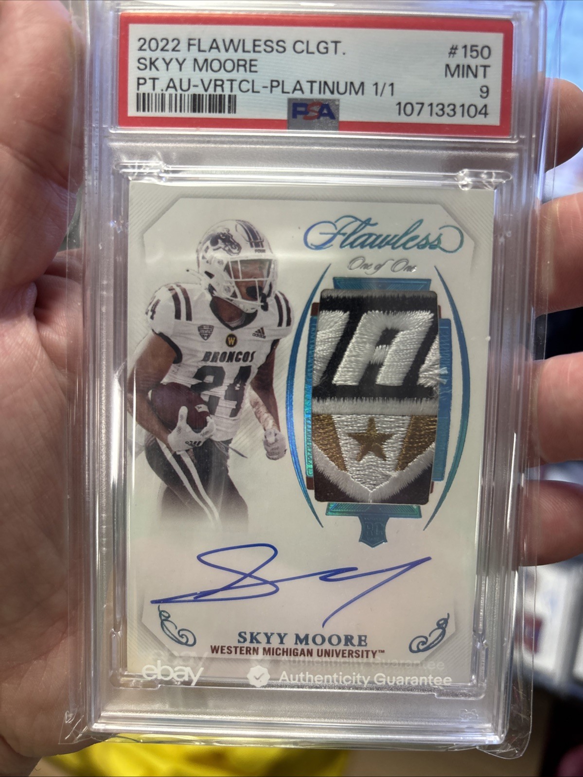 2022 Panini Flawless Collegiate Skyy Moore Platinum 1/1 Patch Auto PSA 9 Broncos view 5