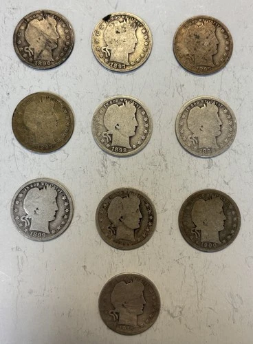 Lot of (10) Barber Quarters incl. 1896, (3) 1897, 1898, (3) 1899, 1900, 1916