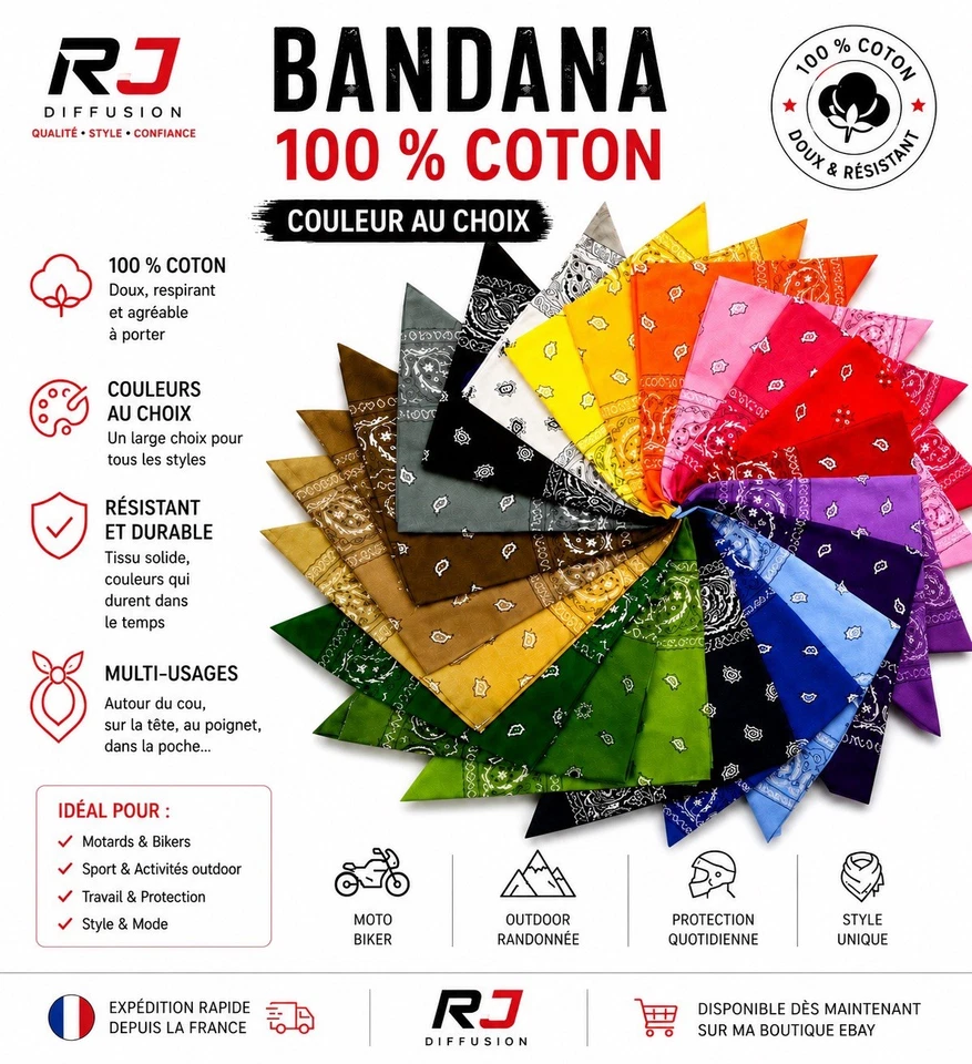 Bandana foulard 100 % coton couleur au choix - Photo 1/4