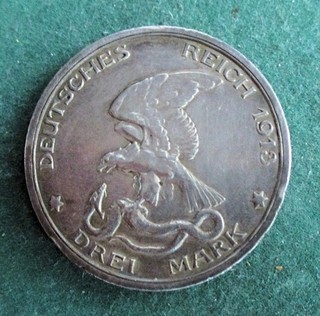 Deutsches Reich 3 Mark Silbermünze 1913