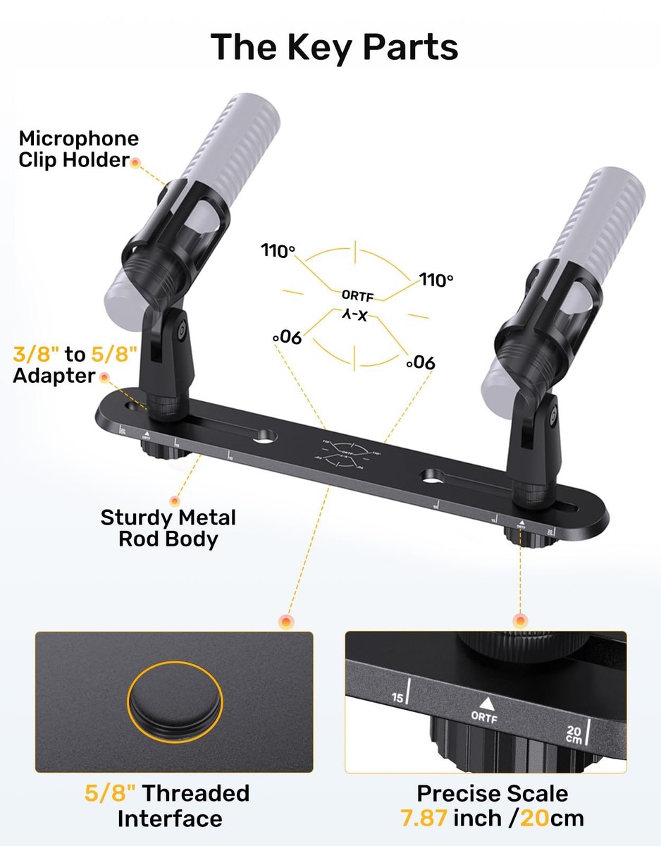 Mic Mount Bar for XY ORTF Recording with Adjustable Spacing
