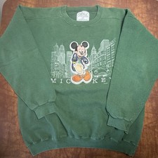 Vintage 90's Mickey Mouse Sweatshirt Mens XL Green Crewneck Disneyland Skyline