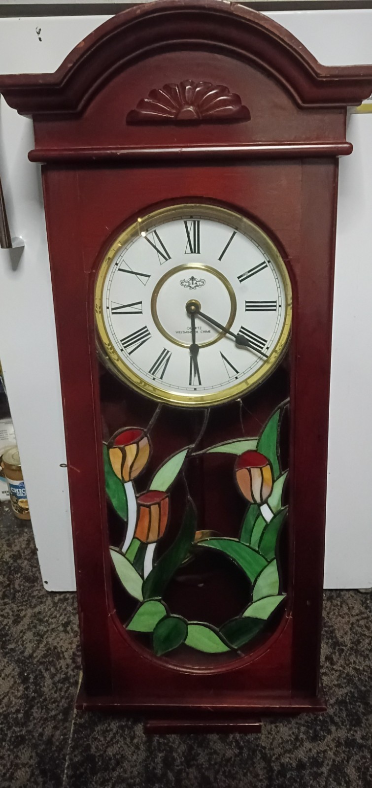 D&A Quartz Westminster Chime Wall Clock Pendulum Stained Glass Floral Design