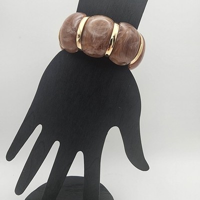 Dillard's Chunky Marbled Brown Resin Stretch Bracelet Gold Tone Spacers 94g NWT